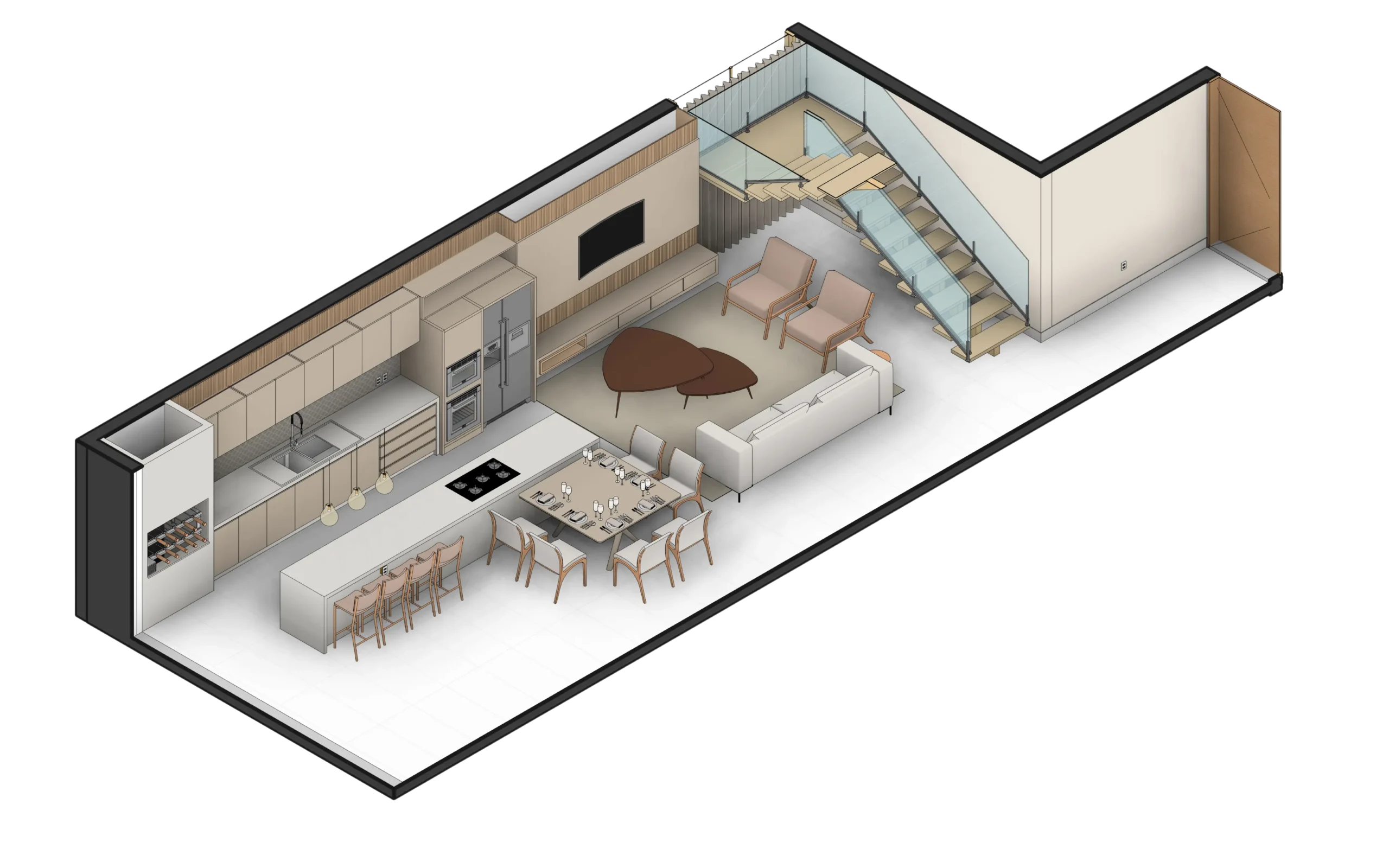 Projeto de cozinha integrada com sala, unindo funcionalidade e sofisticação. Consultoria online para transformar seu espaço com design exclusivo.