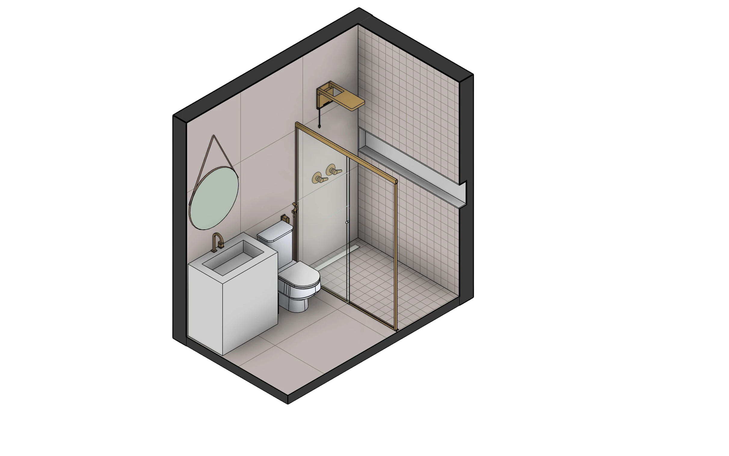 Lavabo sofisticado com tons bege e dourado, trazendo elegância e requinte. Transforme seu ambiente com nossa consultoria online.