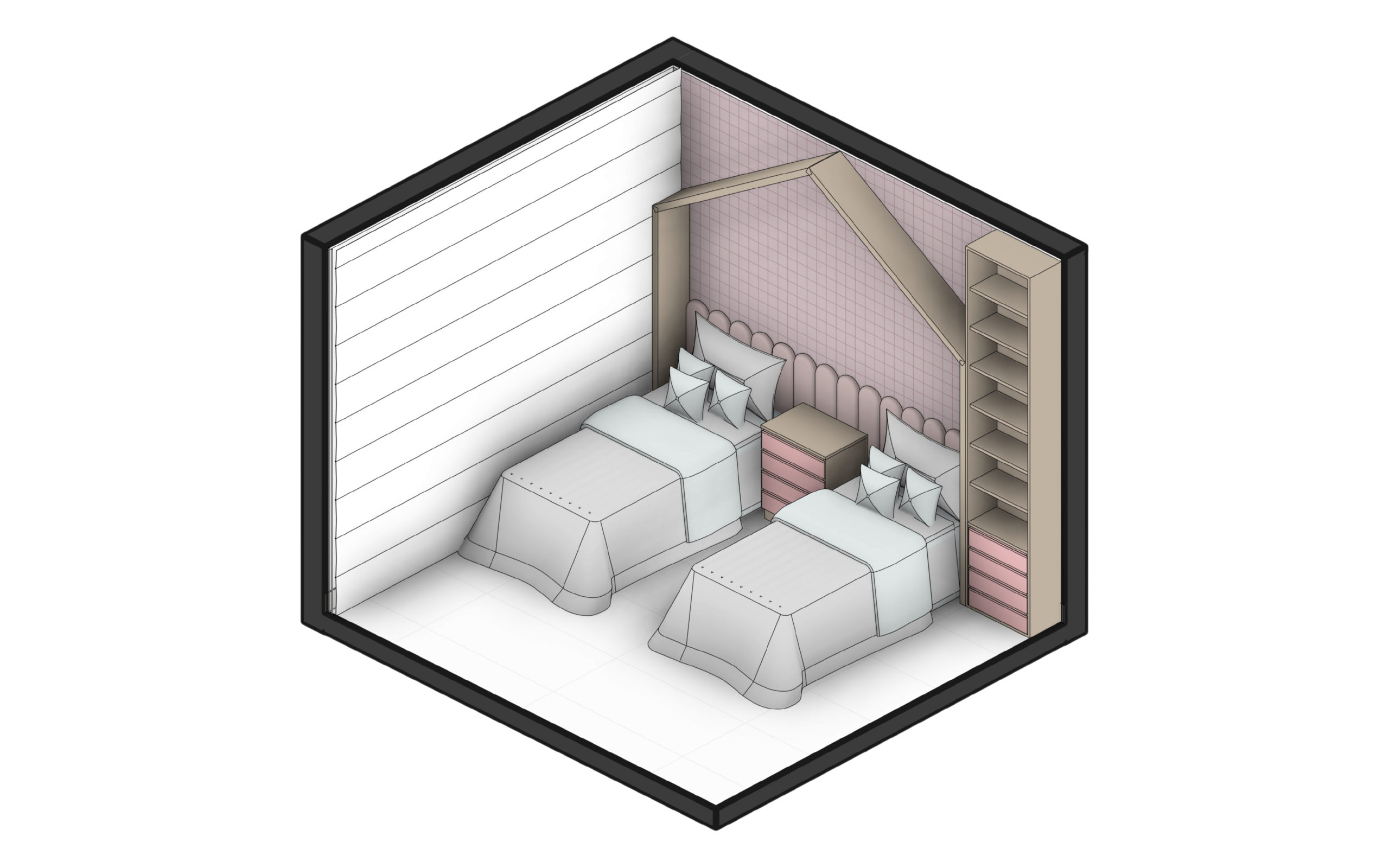 Quarto infantil para menina com detalhes em rosa e papel de parede quadriculado. Criação de ambientes personalizados via consultoria online